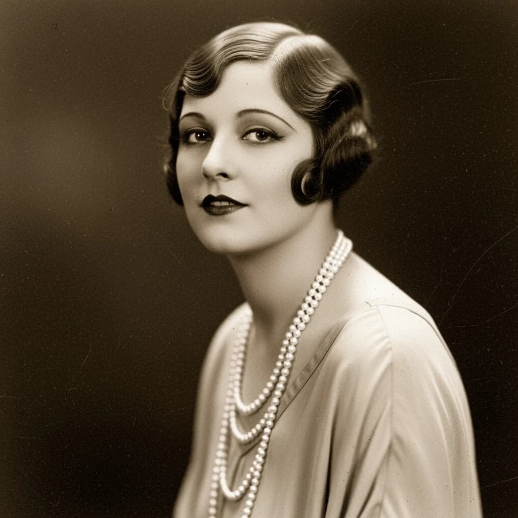 Sepia-toned studio portrait of a flapper with pearl necklace, soft grain.