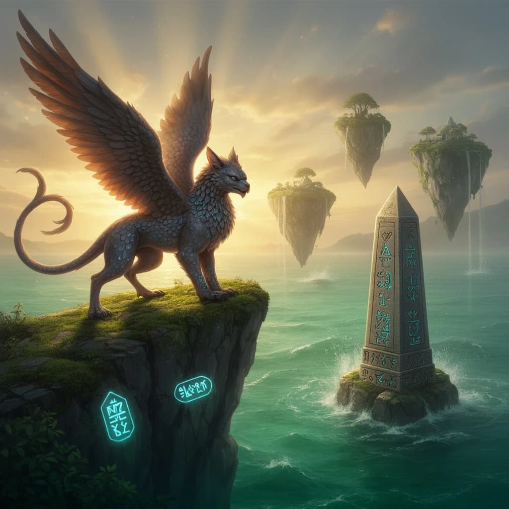 At dawn, a winged griffin lands on a mossy cliff above a jade sea beside a runed obelisk; floating isles drift under golden sunbeams, with a bit of sea spray and glowing runes.