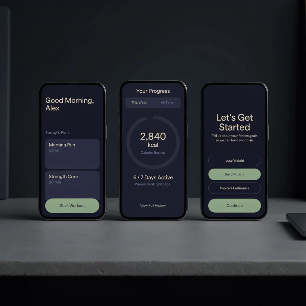Sleek mobile fitness app screens on a desk: dark mode home, progress dashboard, simple onboarding, clear 8 pt grid, slightly oversized buttons for thumb reach, muted colors.
