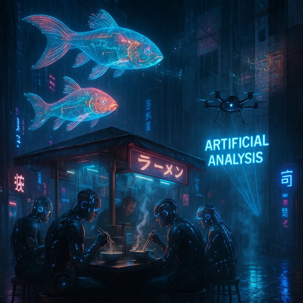 A neon alley in Neo-Tokyo 2142 drips with rain Cybernetic patrons slurp ramen at a stall with their glowing implants humming with blue light. Three giant holographic koi hover 10 metres above the ground and swim across the skyline, one has clipped into a building. A six-prop drone hovers nearby, projecting "Artificial Analysis" onto a wall with blue laser beams visible