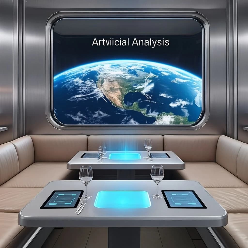 The orbital lounge has brushed aluminum walls and pale leather banquettes. Low white tables are inset with glowing touchscreens. Drinks are clear, flavorless, in tall unmarked glasses. The viewport is floor-to-ceiling, showing Earth moving slowly beneath. The word Artificial Analysis is etched discreetly on the glass in a frosted band.