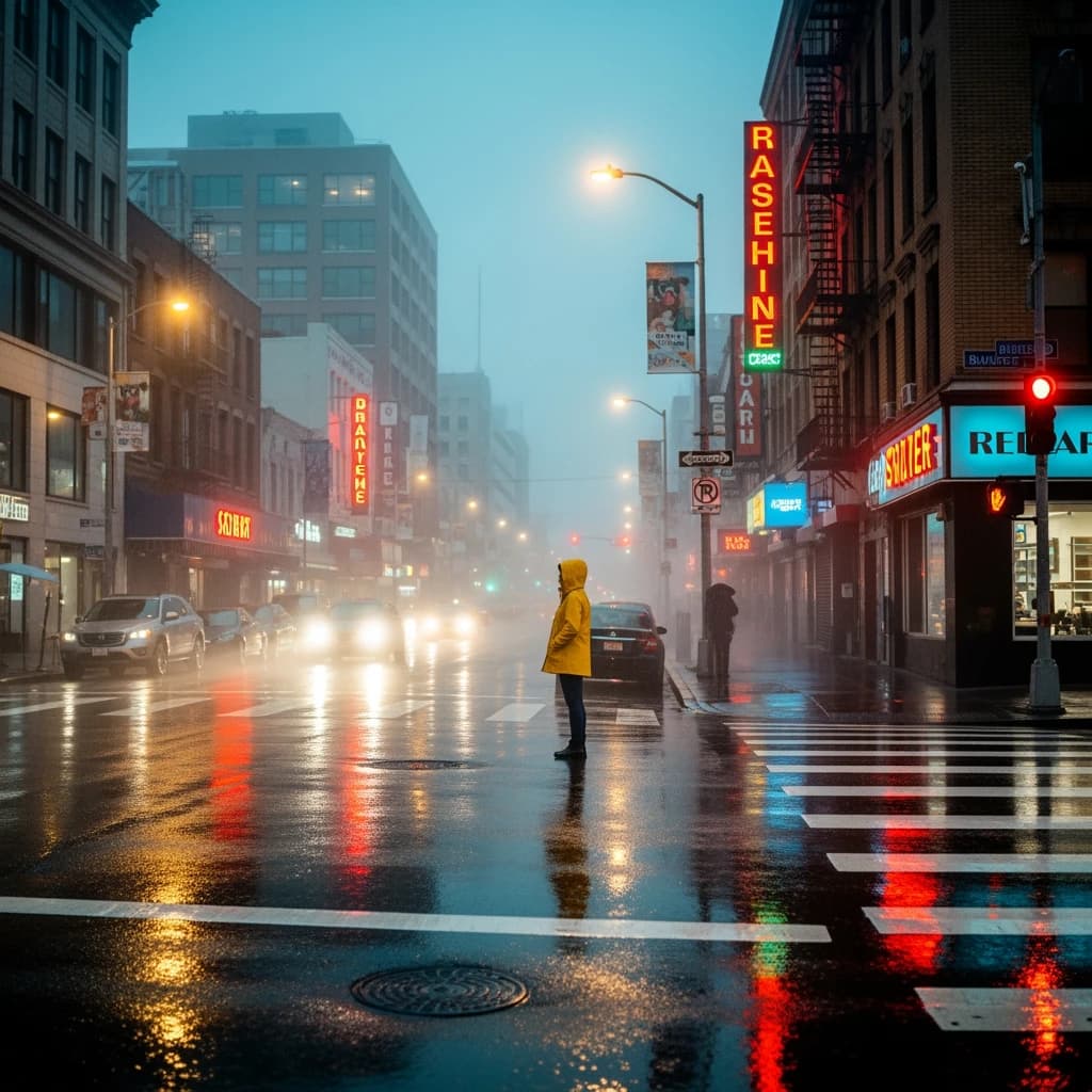 A sunlit city street after rain; puddles mirror neon signs as a woman in a yellow raincoat waits at a crosswalk, soft mist, 50mm look, natural tones, a bit of film grain.