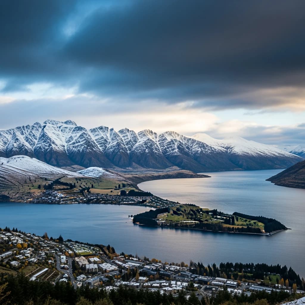 Queenstown's Lake Wakatipu, viewed from the top of Queenstown Hill after a snowstorm just dusted the top of Cecil's Peak