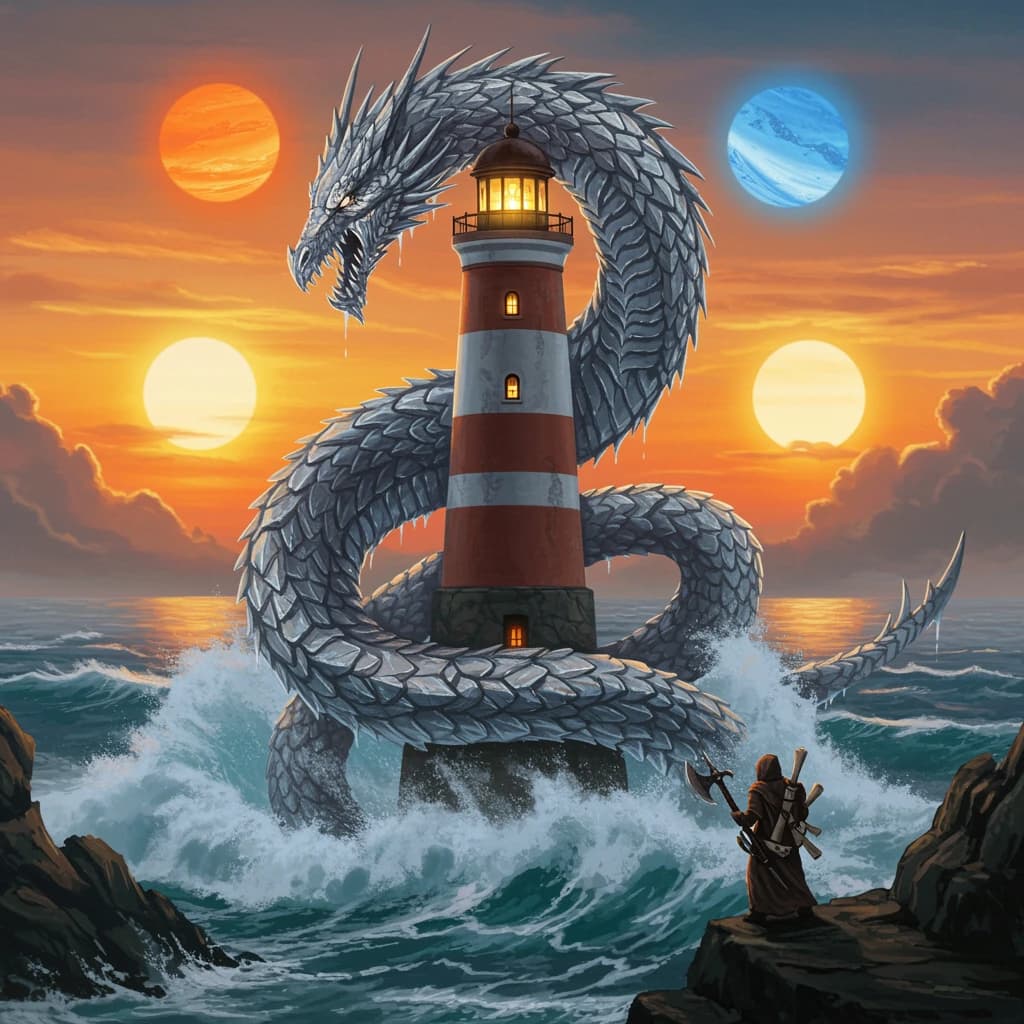 A dragon of molten silver coils around a lighthouse. The storming sea below crashes upward in frozen stillness, as though caught mid-motion. The dragon’s molten eyes drip tears of ice. On the horizon, two suns set next to each other, casting orange light on one side of the tower and blue on the other. A cloaked traveler carries an ancient weapon in his left hand and a scroll in his right.