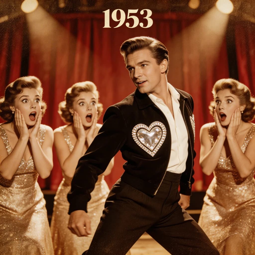 An archival image from 1953 of the rock singer swinging his hips on the stage while glamorous back up singers feign shock at his gyrations! He wears a diamond encrusted jacket with the stones arranged in the shape of a heart