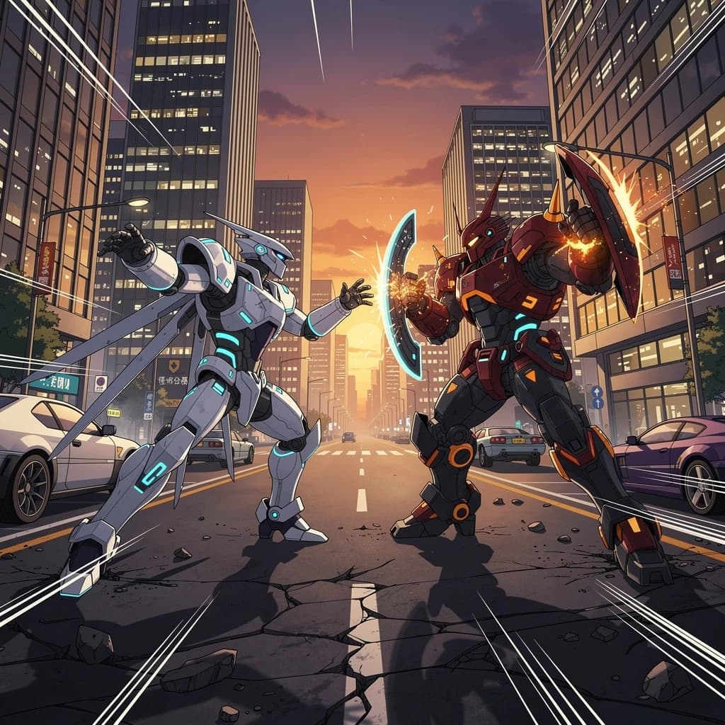 Make a cel-shaded mecha duel at dusk downtown.