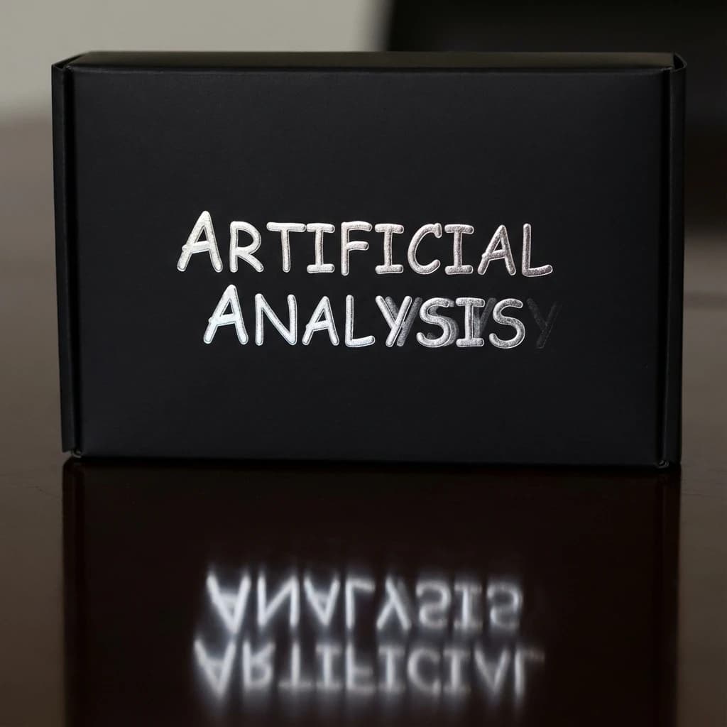On the black box, silver foil embossing, centered: "Artificial Analysis" in Comic Sans Small Caps, perfectly justified. The letters are crisp, but the “Y” is duplicated faintly, ghosting right. On the box’s reflection, the word order is inverted: ARTIFICIAL ANALYSIS.