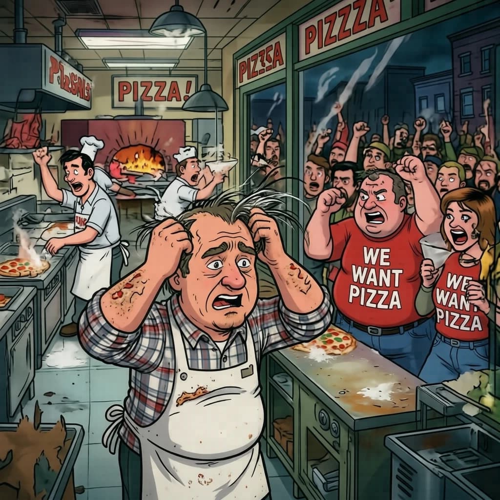 Pasquale is pulling his few remaining hairs out over a disaster at the pizzeria - the cooks are working as fast as they can but the crowds outside are swelling and they demand hot hot pizza! They are banging on the glass and some are wearing "we want pizza" shirts. 1980s western TV animation style.
