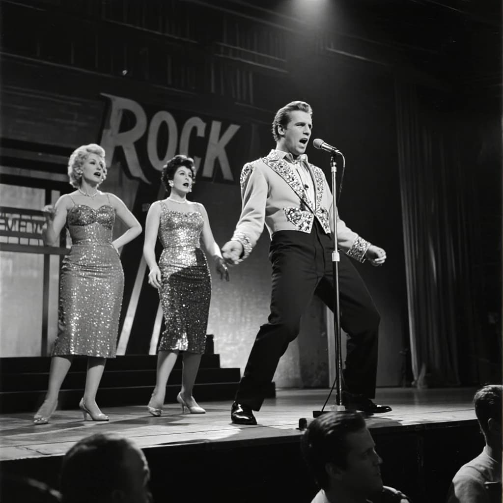 An archival image from 1953 of the rock singer swinging his hips on the stage while glamorous back up singers feign shock at his gyrations! He wears a diamond encrusted jacket with the stones arranged in the shape of a heart