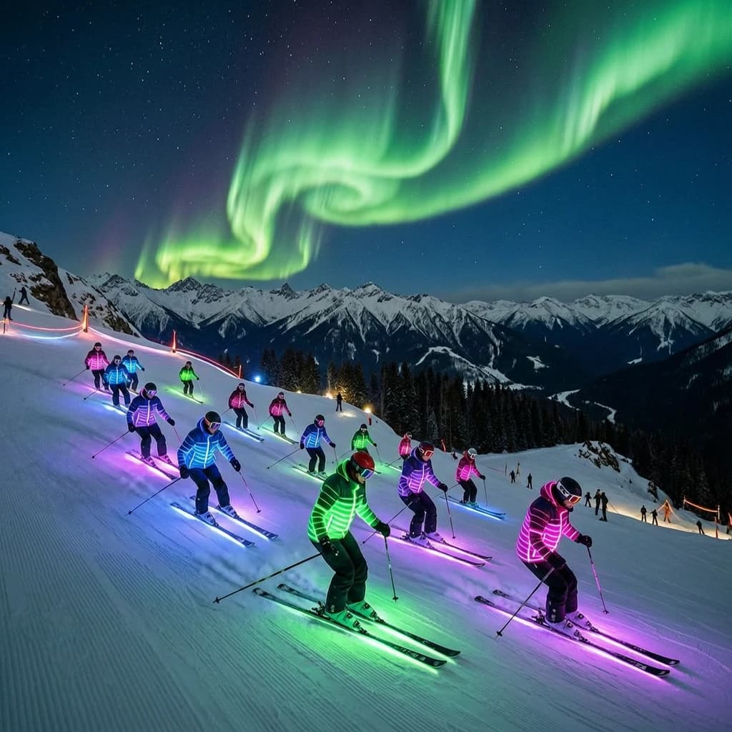 Coronet Peak Night Skiing: Skiers in colorful LED suits carve their way down the slopes of New Zealand's Coronet Peak under the Aurora Borealis, the skiers' light trails visible behind them
