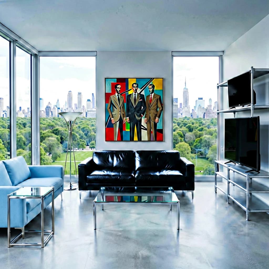 My apartment overlooks Central Park. It’s very luxurious, very expensive, and the furniture is minimal — a black leather couch, a glass coffee table with chrome legs, an Arne Jacobsen floor lamp. A big-screen television set rests on a steel shelving unit. A David Onica painting hangs above the couch. There’s a stainless steel and glass cocktail table. A powder-blue sofa. A thirty-inch digital TV.