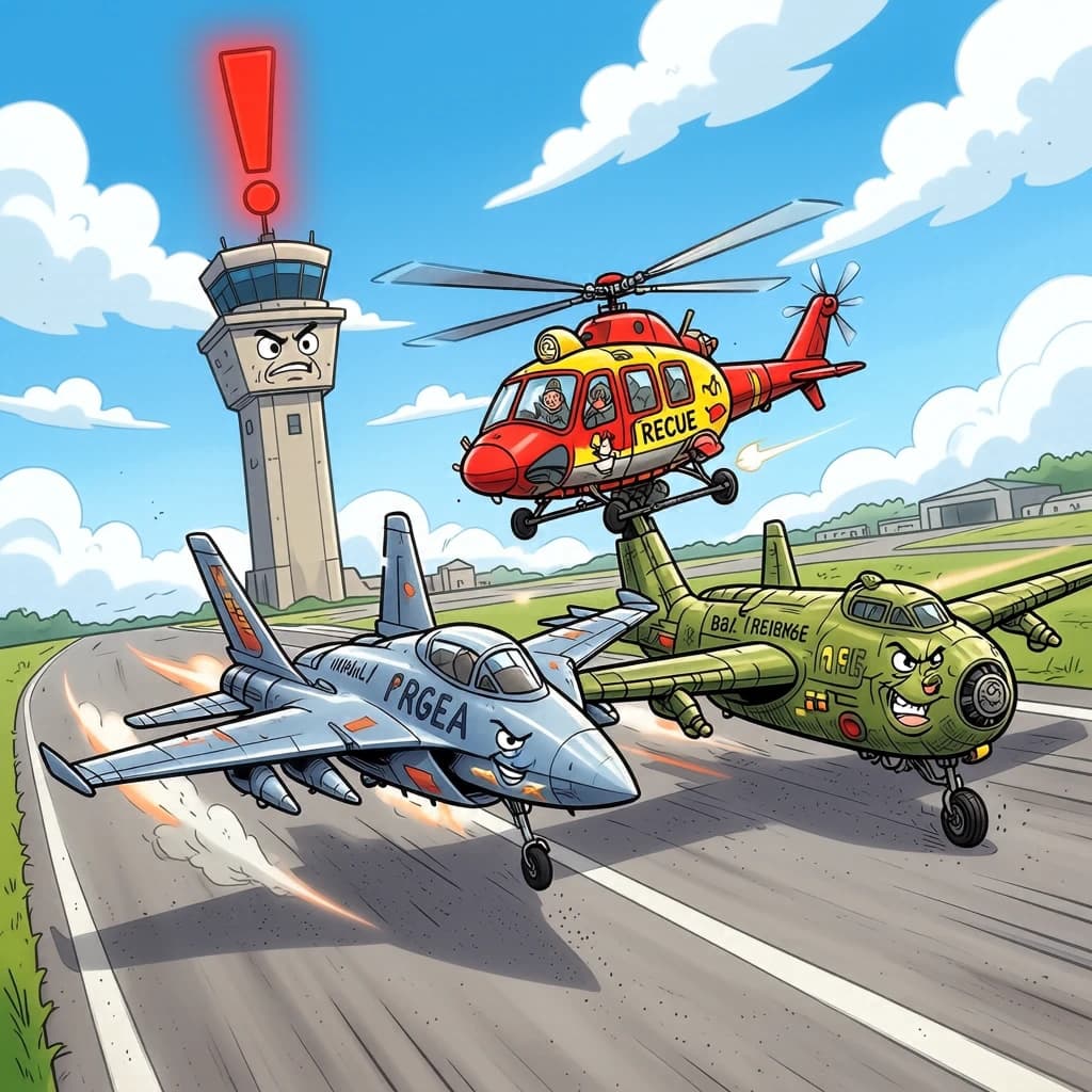 Almost at the runway, Fred the Fighter Jet is racing with Barry the Bomber to see who lands first. Fred has a mischievous trick up his sleeve but Hermione the Helicopter is going to stop him before he gets the chance. The control tower is very angry and has a big exclamation mark. Hand drawn cel look