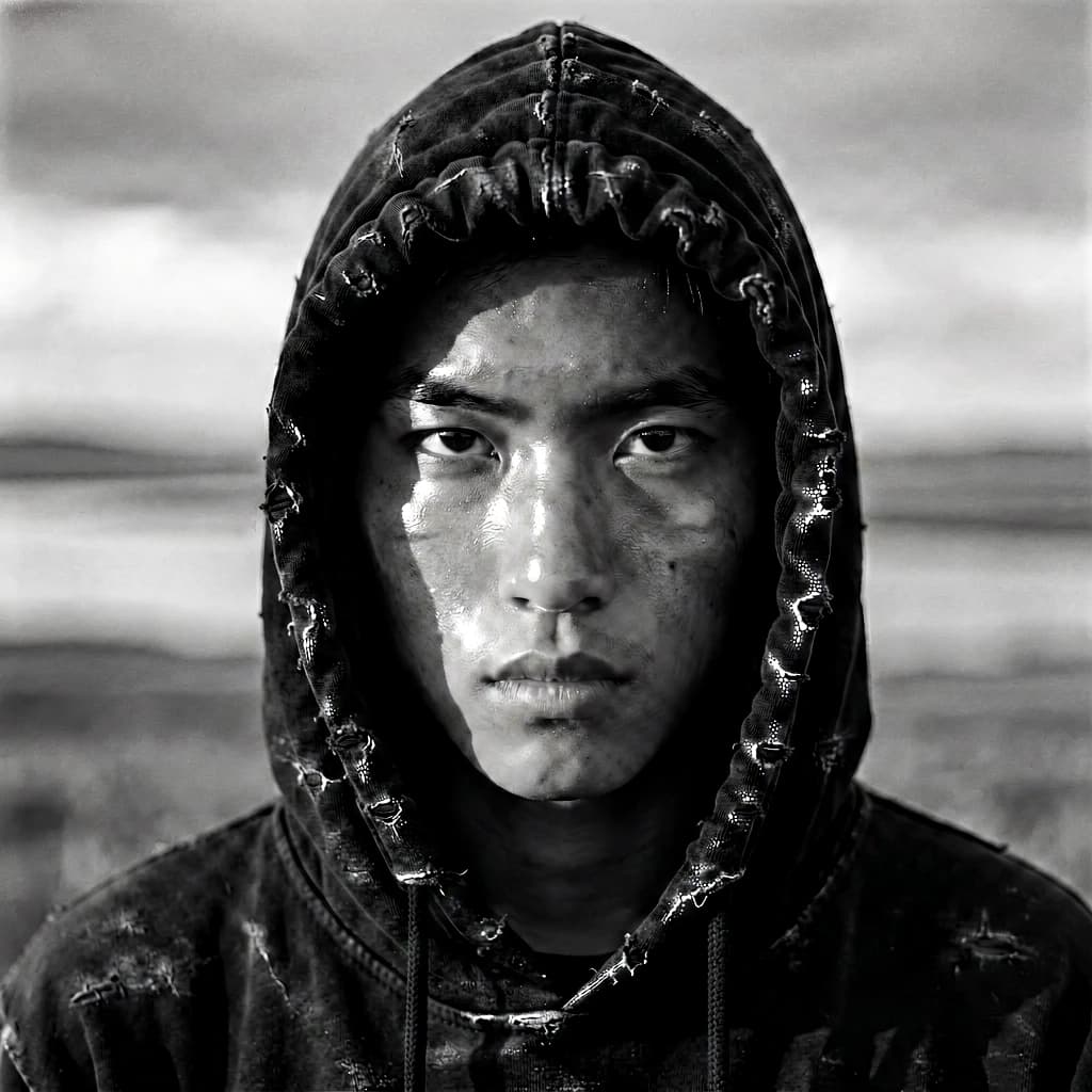 A dramatic black-and-white portrait of a young person draped in a hooded garment, their face framed by the hood's dark folds. Their skin tone and the subtle sheen on their cheeks create striking tonal contrast against the deep shadows. Their eyes are piercing, looking directly into the lens with a calm, steady intensity—neither confrontational nor submissive, but deeply present. The texture of the fabric is visible: it's dense, slightly weathered, and whisper-thin creases catch the light. In the background, an expansive, out-of-focus landscape suggests open space—perhaps distant plains or water—though the details remain soft and abstract. The overall mood is silent yet powerful, poised between vulnerability and resilience, with every highlight and shadow telling part of their story.