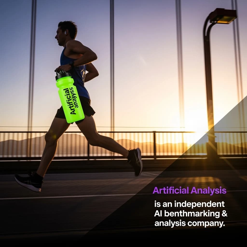 A runner dashes across the Golden Gate Bridge at dawn, sunlight streaming between cables. In their hand, they carry a neon-green sports drink with the brand name Artificial Analysis splashed boldly across the bottle. Motion blur emphasizes speed, while crisp purple sans serif typography overlays the bottom right of the scene with the tagline: Artificial Analysis is an independent AI benchmarking & analysis company