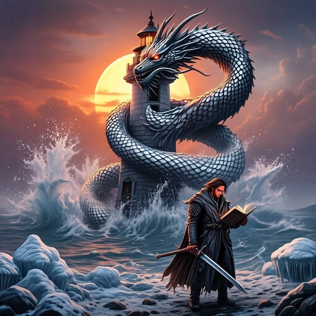 A dragon of molten silver coils around a lighthouse. The storming sea below crashes upward in frozen stillness, as though caught mid-motion. The dragon’s molten eyes drip tears of ice. On the horizon, two suns set next to each other, casting orange light on one side of the tower and blue on the other. A cloaked traveler carries an ancient weapon in his left hand and a scroll in his right.
