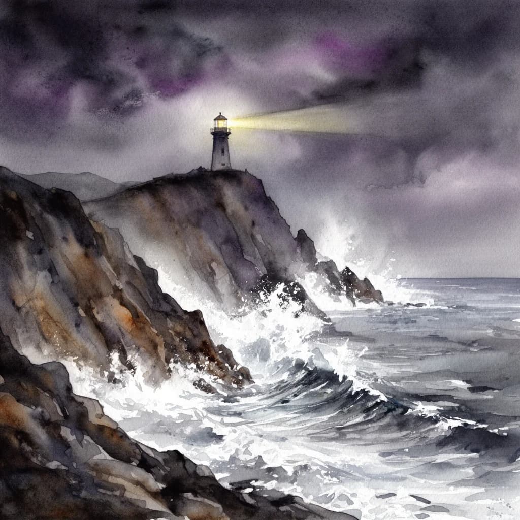 Please paint a watercolor of stormy cliffs and a lighthouse, moody sky.
