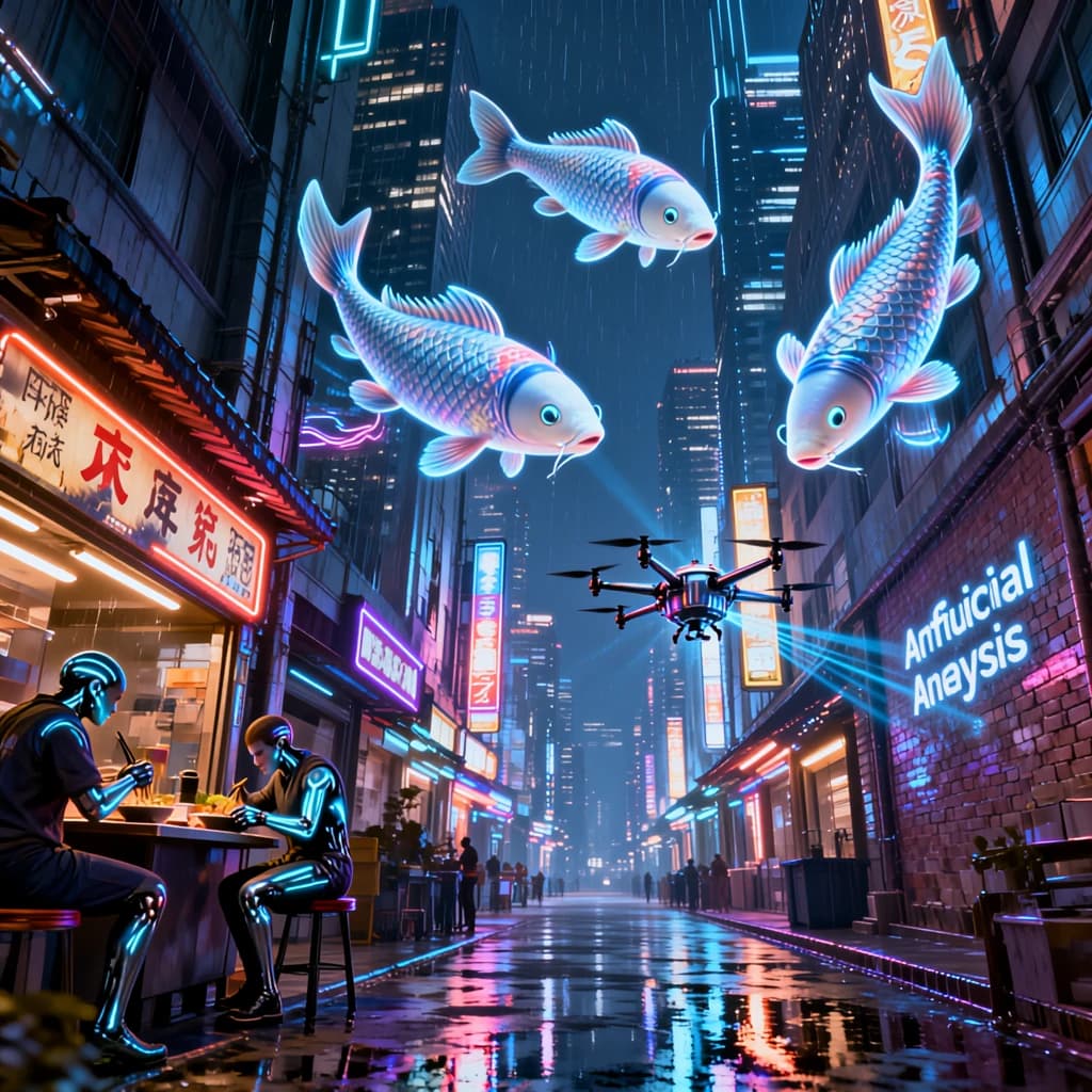 A neon alley in Neo-Tokyo 2142 drips with rain Cybernetic patrons slurp ramen at a stall with their glowing implants humming with blue light. Three giant holographic koi hover 10 metres above the ground and swim across the skyline, one has clipped into a building. A six-prop drone hovers nearby, projecting "Artificial Analysis" onto a wall with blue laser beams visible