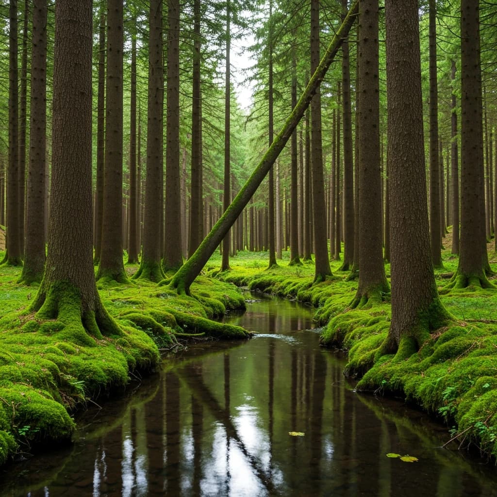 The forest is saturated green, trees identical in height and width, trunks straight, bark texture repeating. One trunk leans diagonally yet the branches remain vertical. The moss is emerald, glistening, though each patch forms identical diamond shapes. A stream runs straight, perfectly linear, water clear, reflecting clouds not visible in the sky. No animals, no insects, but one leaf floats on the water, doubled, showing two overlapping shadows.