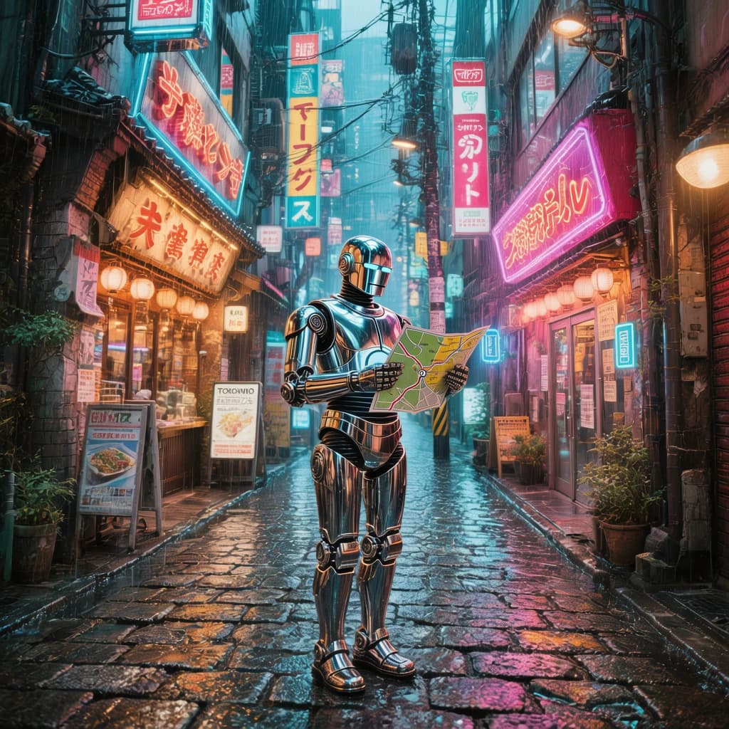 Neon-lit Tokyo alley, rain-slick cobblestones, a chrome android checks a map.