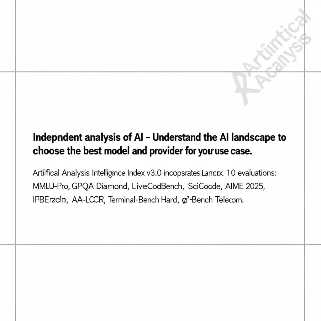 On a white dashboard with thin gray dividers, place a centered header in Helvetica Neue Bold, 20pt: “Independent analysis of AI - Understand the AI landscape to choose the best model and provider for your use case.” Directly beneath, a subheader in smaller Regular weight, 14pt: “Artificial Analysis Intelligence Index v3.0 incorporates 10 evaluations: MMLU-Pro, GPQA Diamond, Humanity's Last Exam, LiveCodeBench, SciCode, AIME 2025, IFBench, AA-LCR, Terminal-Bench Hard, 𝜏²-Bench Telecom.” The header is fully justified but the subheader is left-aligned. In the upper right corner, the Artificial Analysis logo appears watermarked, diagonal, faint gray, partially overlapping the scrollbar.