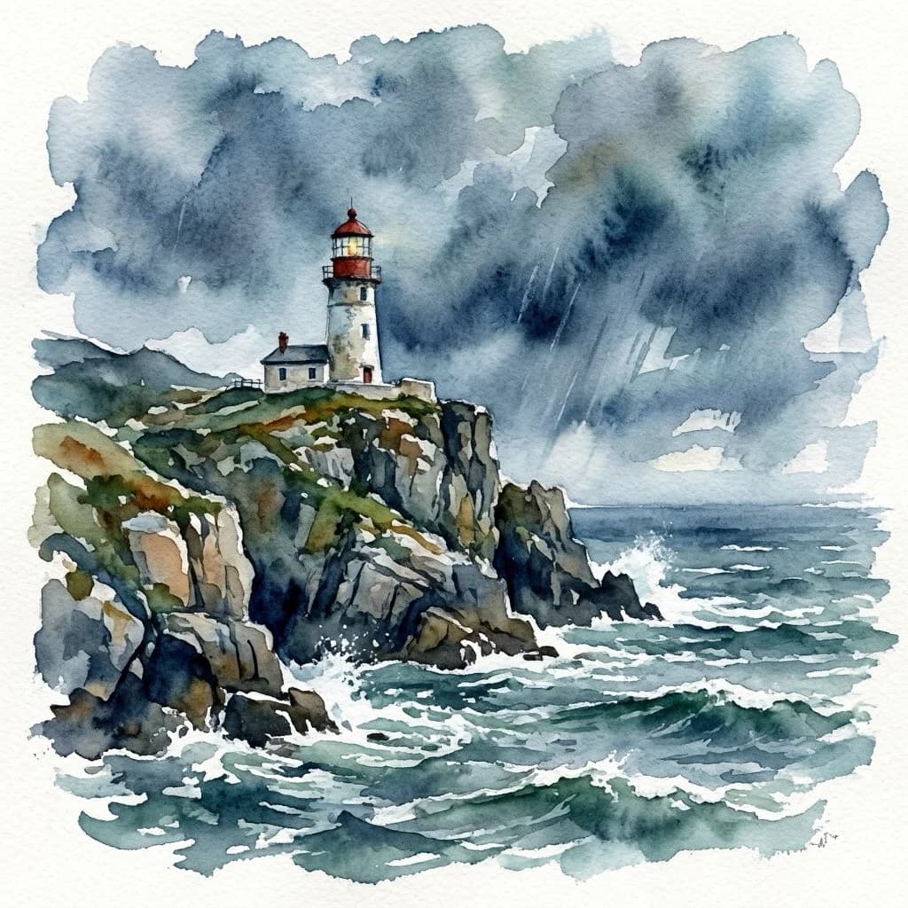 Please paint a watercolor of stormy cliffs and a lighthouse, moody sky.