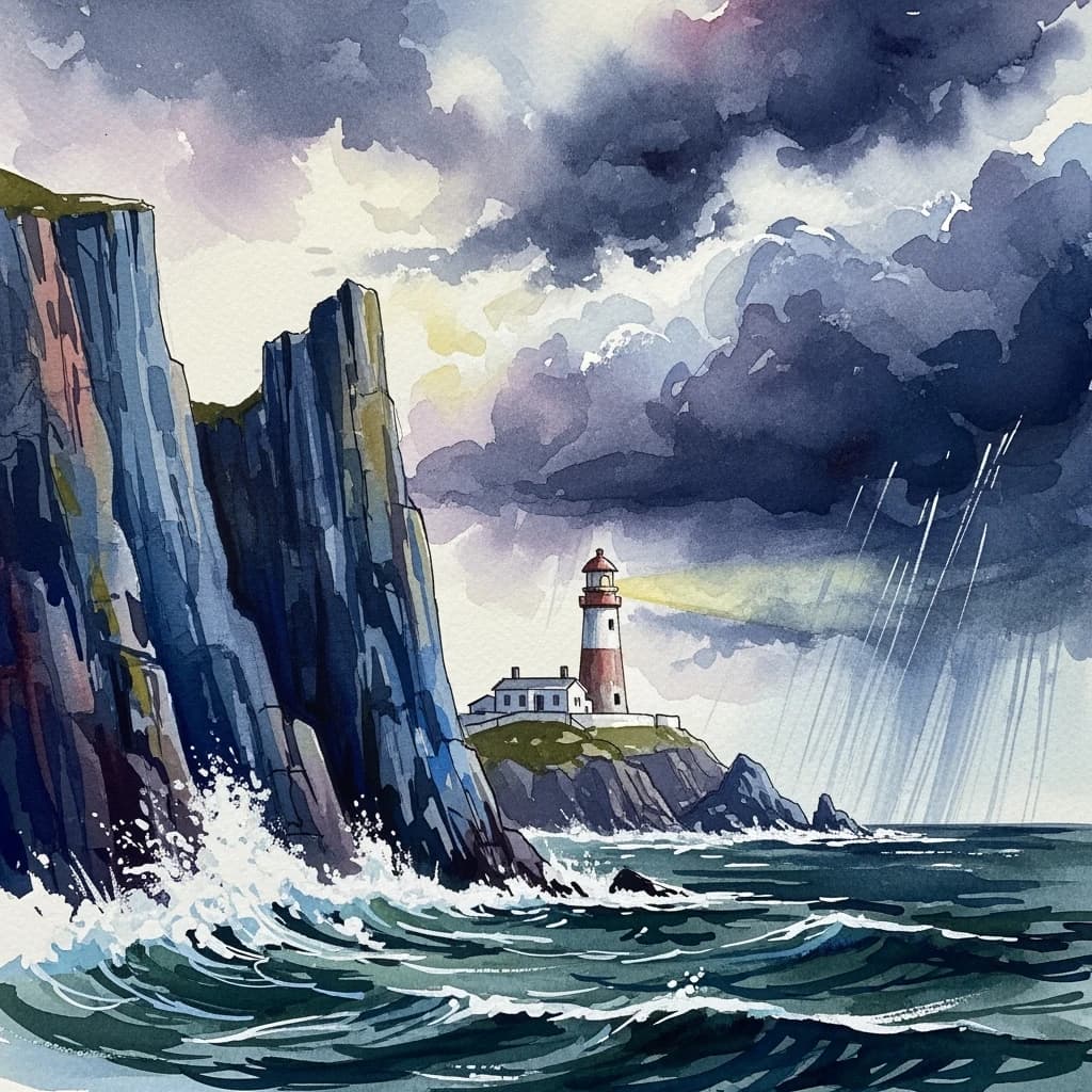 Please paint a watercolor of stormy cliffs and a lighthouse, moody sky.