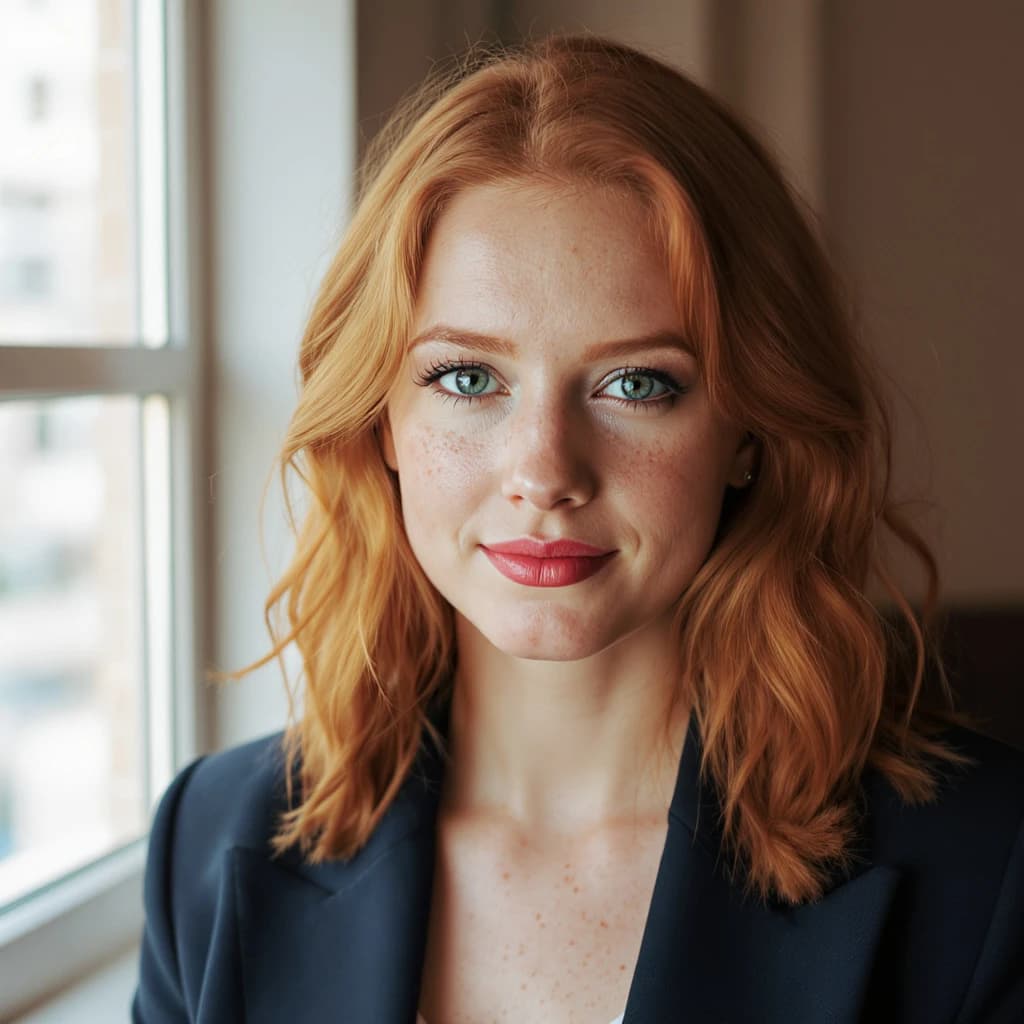 Capture a head-and-shoulders portrait of a freckled red-haired violinist in a navy blazer, soft window light, 85mm at f/1.8, gently smiling yet serious eyes, muted tones.