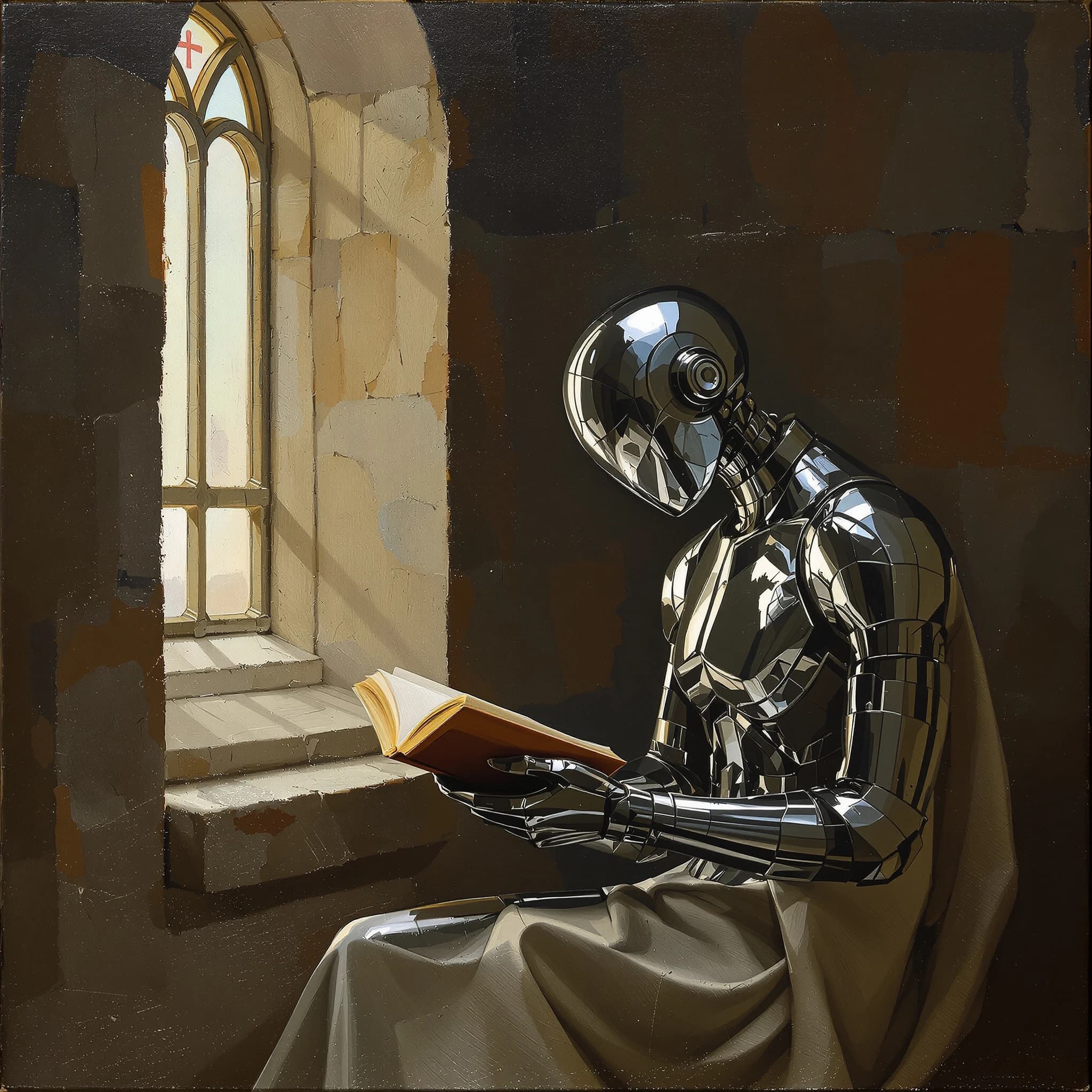 Oil painting of a chrome android reading in a stone chapel, a bit somber.