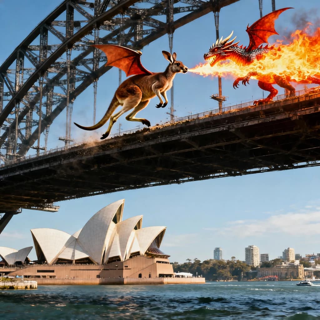 A dragon breathes fire at a kangaroo that is running away by climbing over the top of the Sydney Harbour Bridge. Opera House visible in the background.