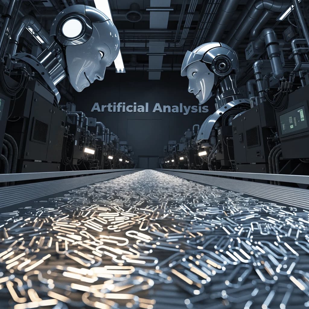 Close up point of view perspective on a conveyor belt pumping out paperclips at a maddening pace. The high tech factory has Artificial Analysis printed proudly on the wall. Robot staff look approvingly over the robust output.