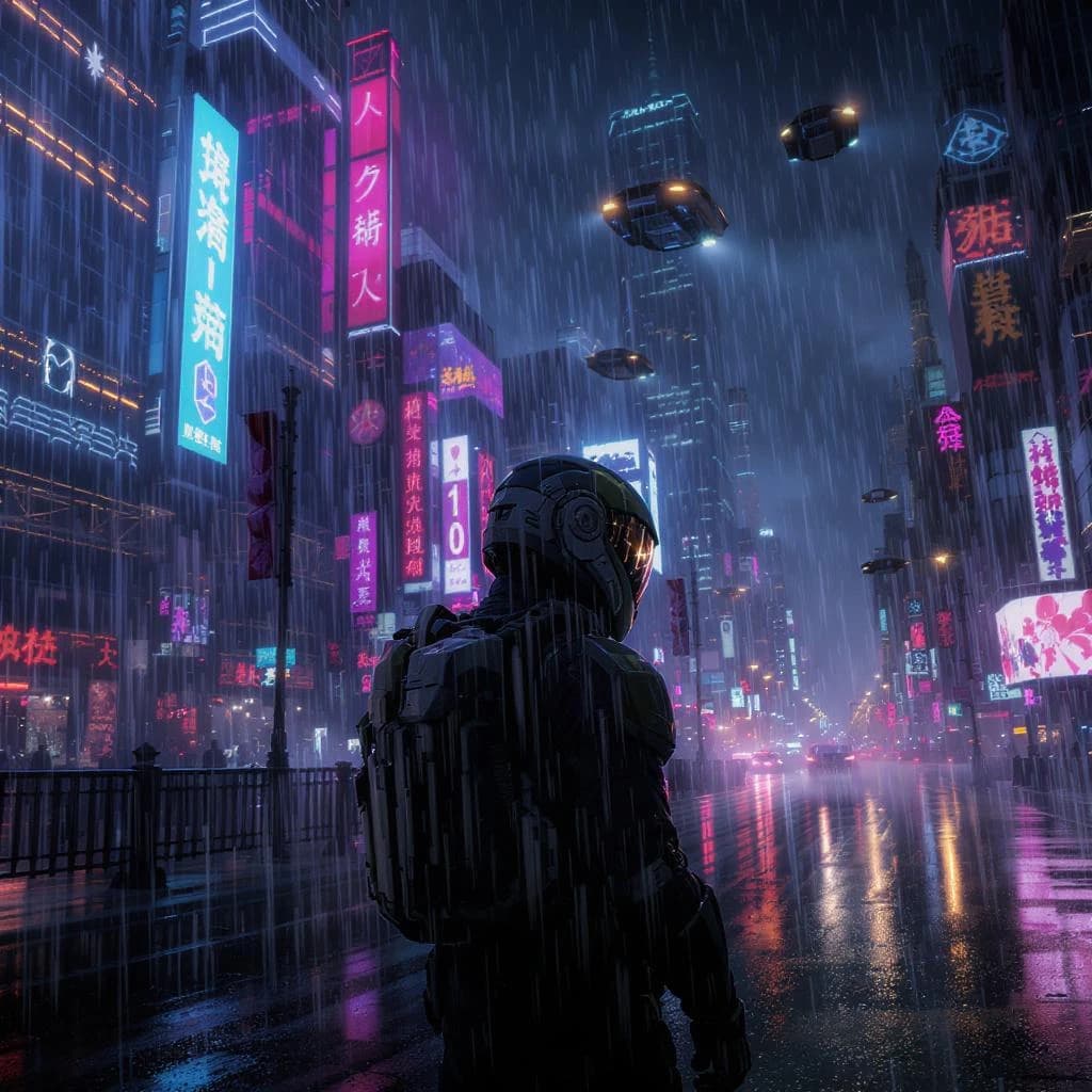 Rain-soaked neon megacity at night, flying taxis weave between glass towers, giant holograms flicker; a lone courier in a matte exosuit, somewhat cinematic wide angle.