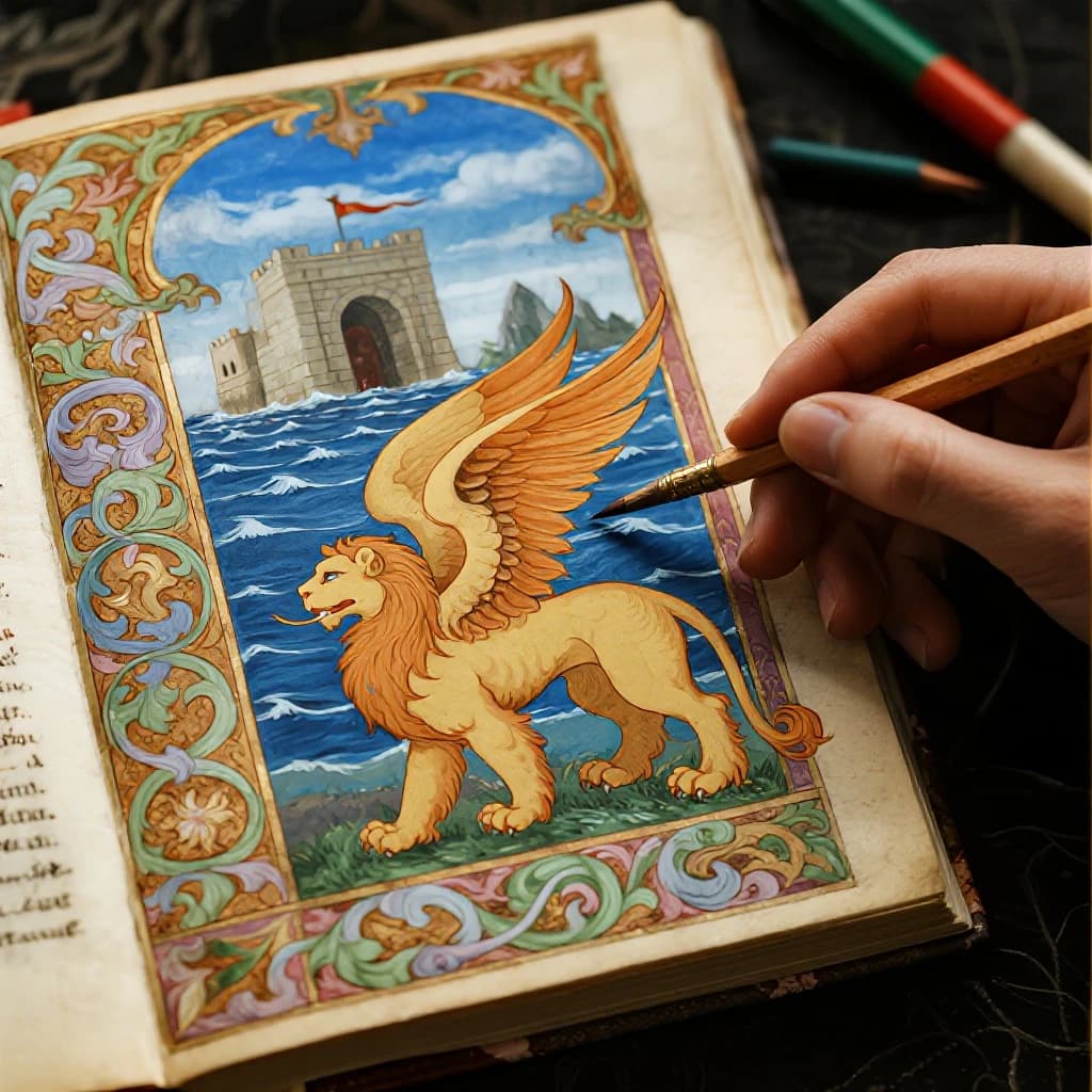 Paint an illuminated manuscript scene of a winged lion guarding a sea gate.