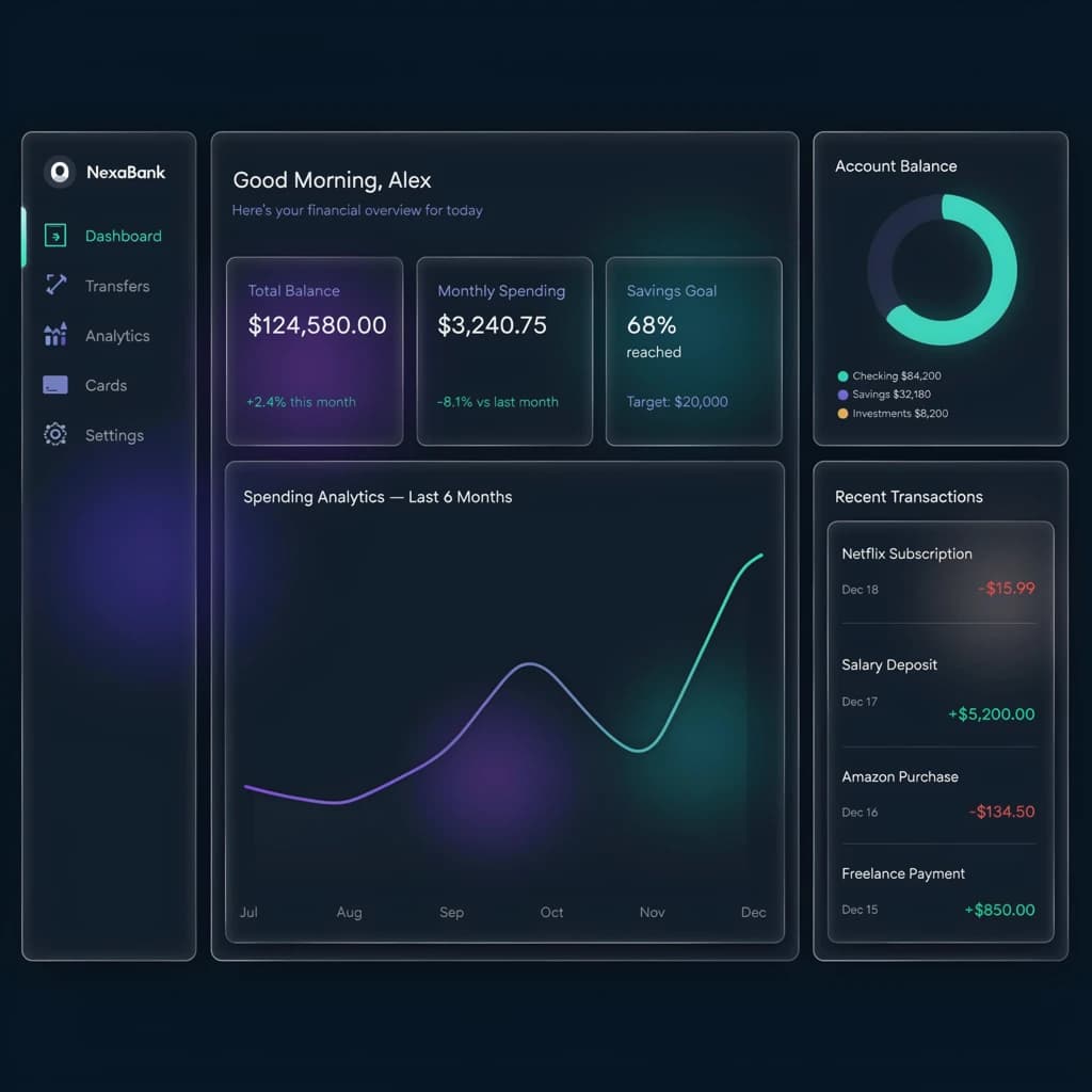 Dark mode banking dashboard with glassmorphism.