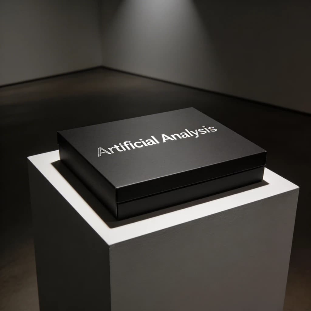 A premium matte black laptop-sized box rests on a pure white pedestal within a gallery space. Overhead, a single spotlight carves sharp contrast, leaving the edges in deep shadow. The brand name Artificial Analysis is embossed in silver foil, glinting faintly as though it were jewelry.