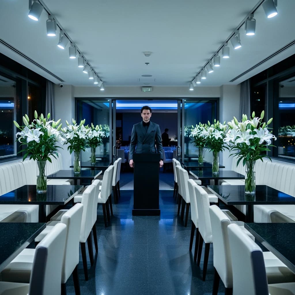 The place is almost empty. The banquettes are covered in white leather, the tables black granite, and the entire room is bathed in halogen track lighting that seems too bright. The maître d’ wears a double-breasted wool crepe jacket. There are lilies on every table.