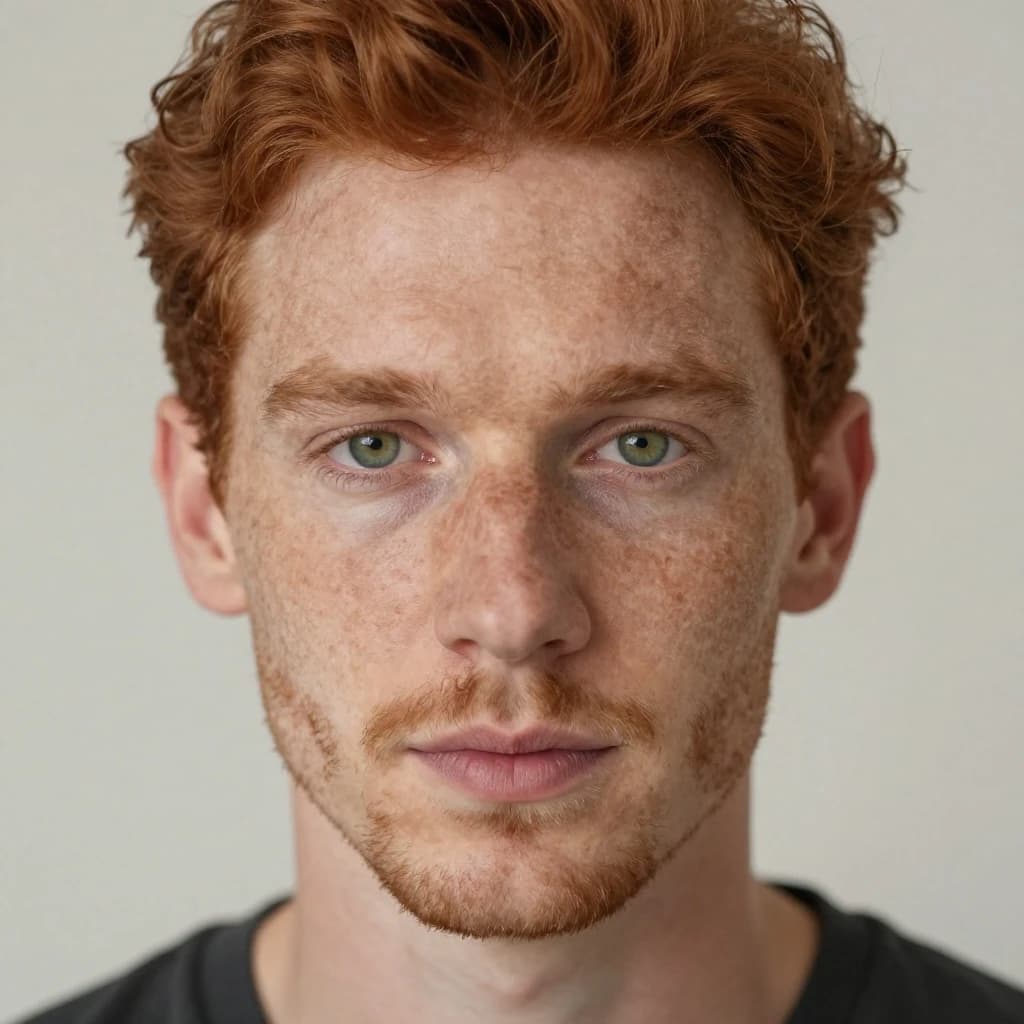 Shoot a natural light headshot of a red-haired man with freckles, green eyes.