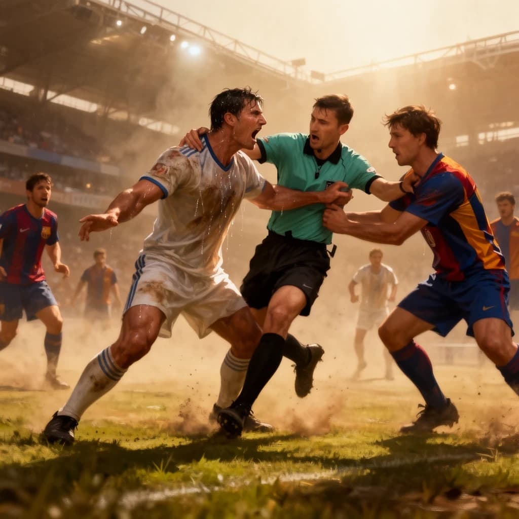 The soccer player clashes with the ref. It is thick and humid and the heat is getting to the players. His friend tries to pull him off before he causes any more trouble.