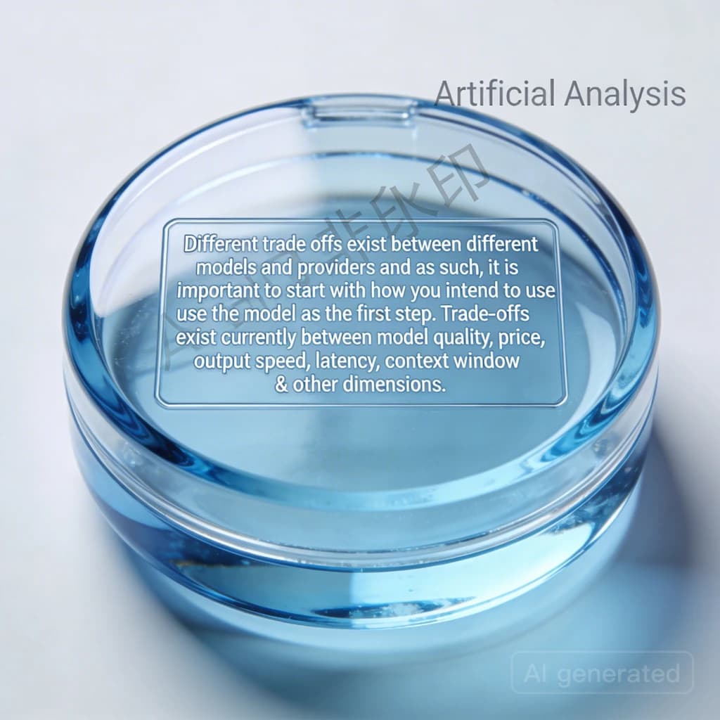 In a clear transparent blue glassy rounded box, etch "Different trade offs exist between different models and providers and as such, it is important to start with how you intend to use the model as the first step. Trade-offs exist currently between model quality, price, output speed, latency, context window & other dimensions. " in sans serif medium weight text. Artificial Analysis is watermarked over the top right 