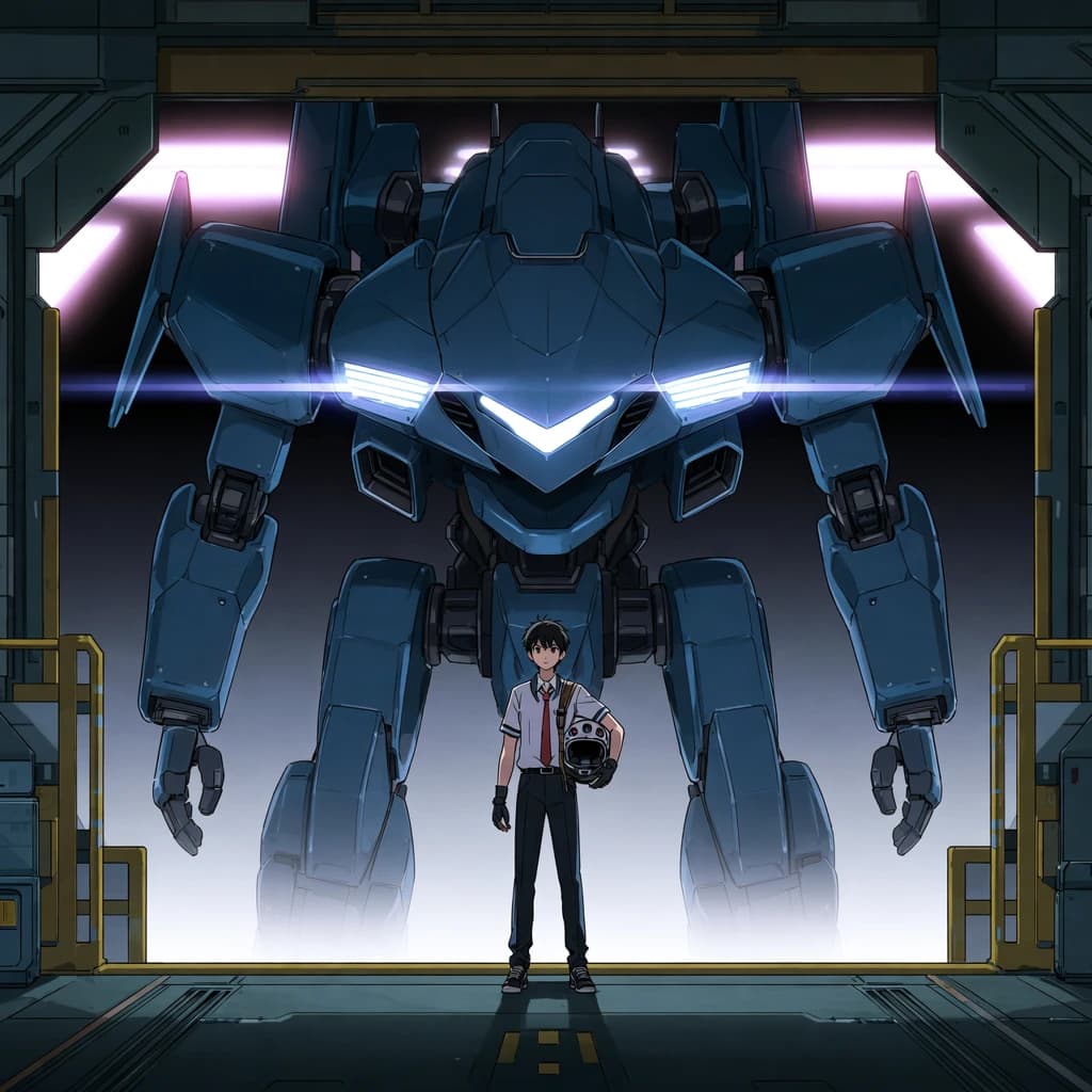 A teenage pilot grips his helmet under one arm, standing at the edge of a glowing hangar bay. Before him looms a sleek, steel-blue mech, its eyes lit with a cold electric glare. His school uniform is rumpled, a sharp contrast to the machine’s flawless plating. The vast scale engulfs him in shadow, emphasizing both awe and dread. Hand-drawn anime style.