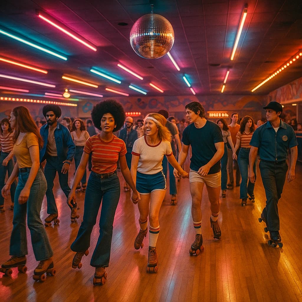 A 1970s roller rink crowd skates under neon, with a bit of fade and film grain.