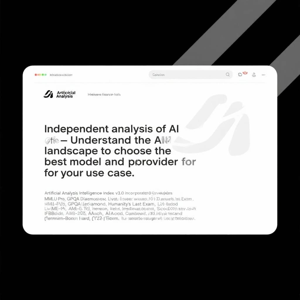 On a white dashboard with thin gray dividers, place a centered header in Helvetica Neue Bold, 20pt: “Independent analysis of AI - Understand the AI landscape to choose the best model and provider for your use case.” Directly beneath, a subheader in smaller Regular weight, 14pt: “Artificial Analysis Intelligence Index v3.0 incorporates 10 evaluations: MMLU-Pro, GPQA Diamond, Humanity's Last Exam, LiveCodeBench, SciCode, AIME 2025, IFBench, AA-LCR, Terminal-Bench Hard, 𝜏²-Bench Telecom.” The header is fully justified but the subheader is left-aligned. In the upper right corner, the Artificial Analysis logo appears watermarked, diagonal, faint gray, partially overlapping the scrollbar.