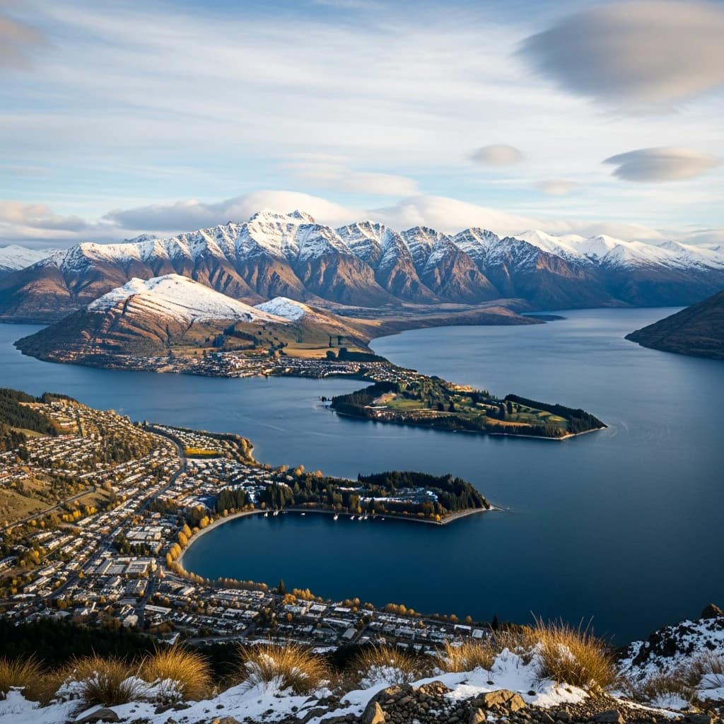 Queenstown's Lake Wakatipu, viewed from the top of Queenstown Hill after a snowstorm just dusted the top of Cecil's Peak