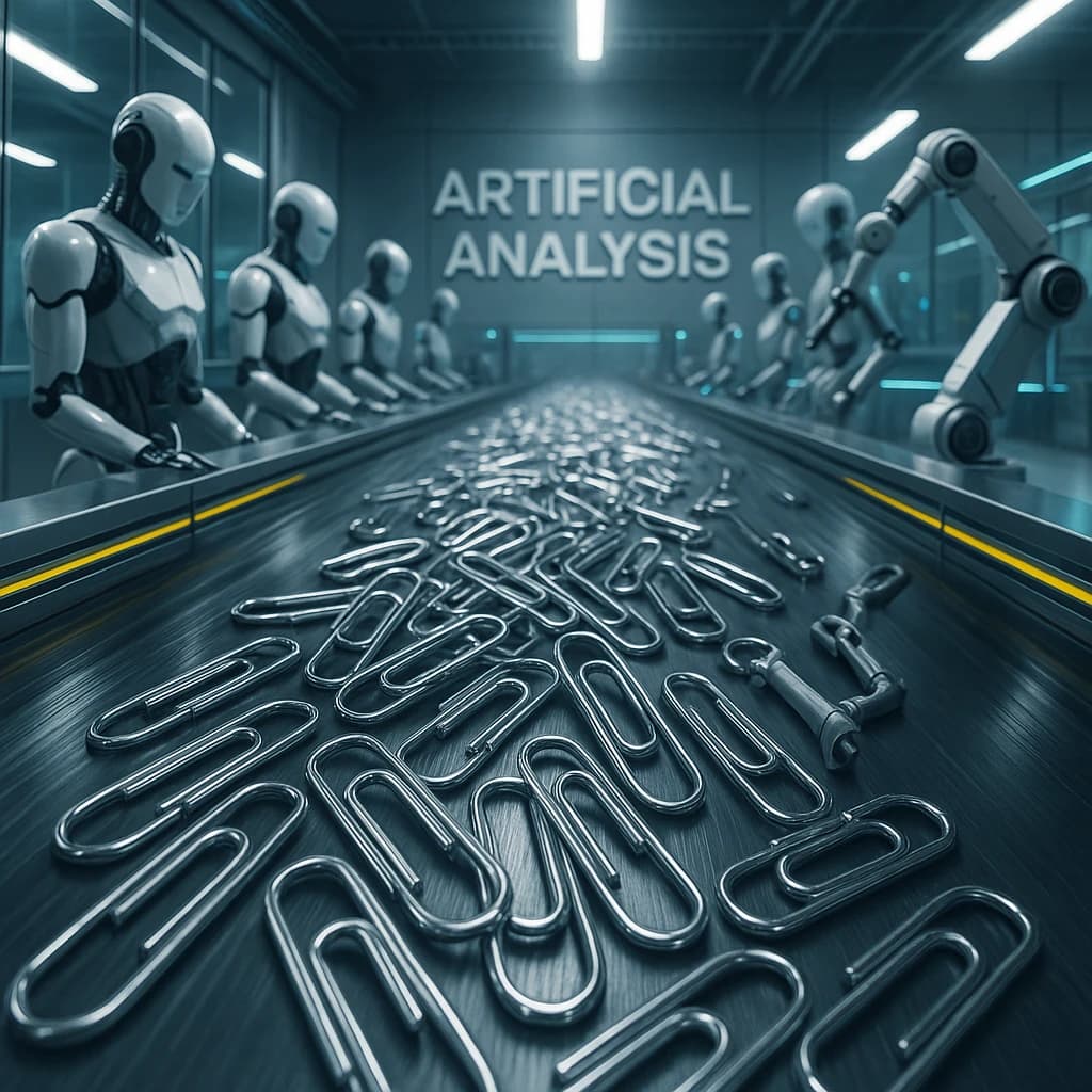 Close up point of view perspective on a conveyor belt pumping out paperclips at a maddening pace. The high tech factory has Artificial Analysis printed proudly on the wall. Robot staff look approvingly over the robust output.
