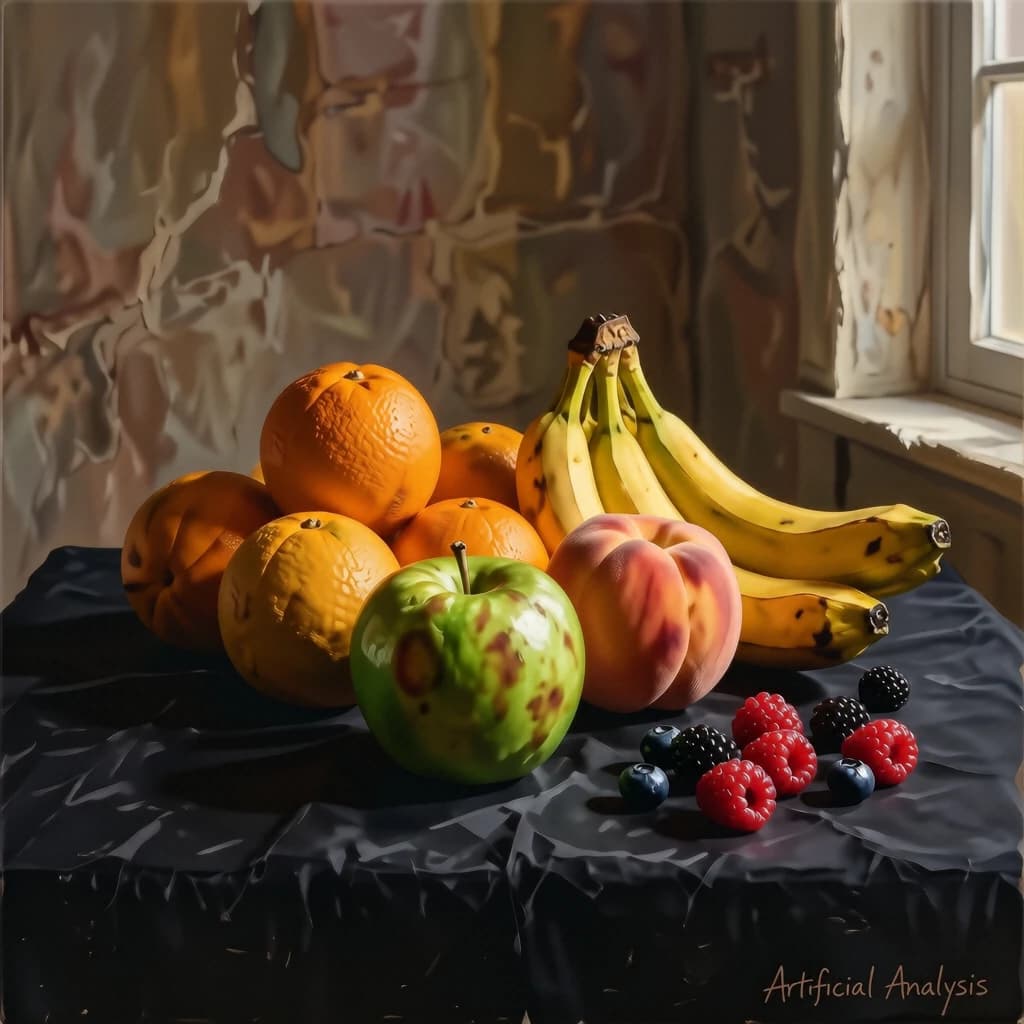 A still life scene painted oil on canvas, comprising various fruits on a black table cloth with striking lighting coming from the right out of frame, creating strong shadows. A bruised green apple is in the foreground, a peach behind it, and behind that a melange of oranges and bananas in various states of ripeness. Berries are strewn in front of the apple. The artist has signed his name "Artificial Analysis" in the bottom right corner in a hurried fashion.