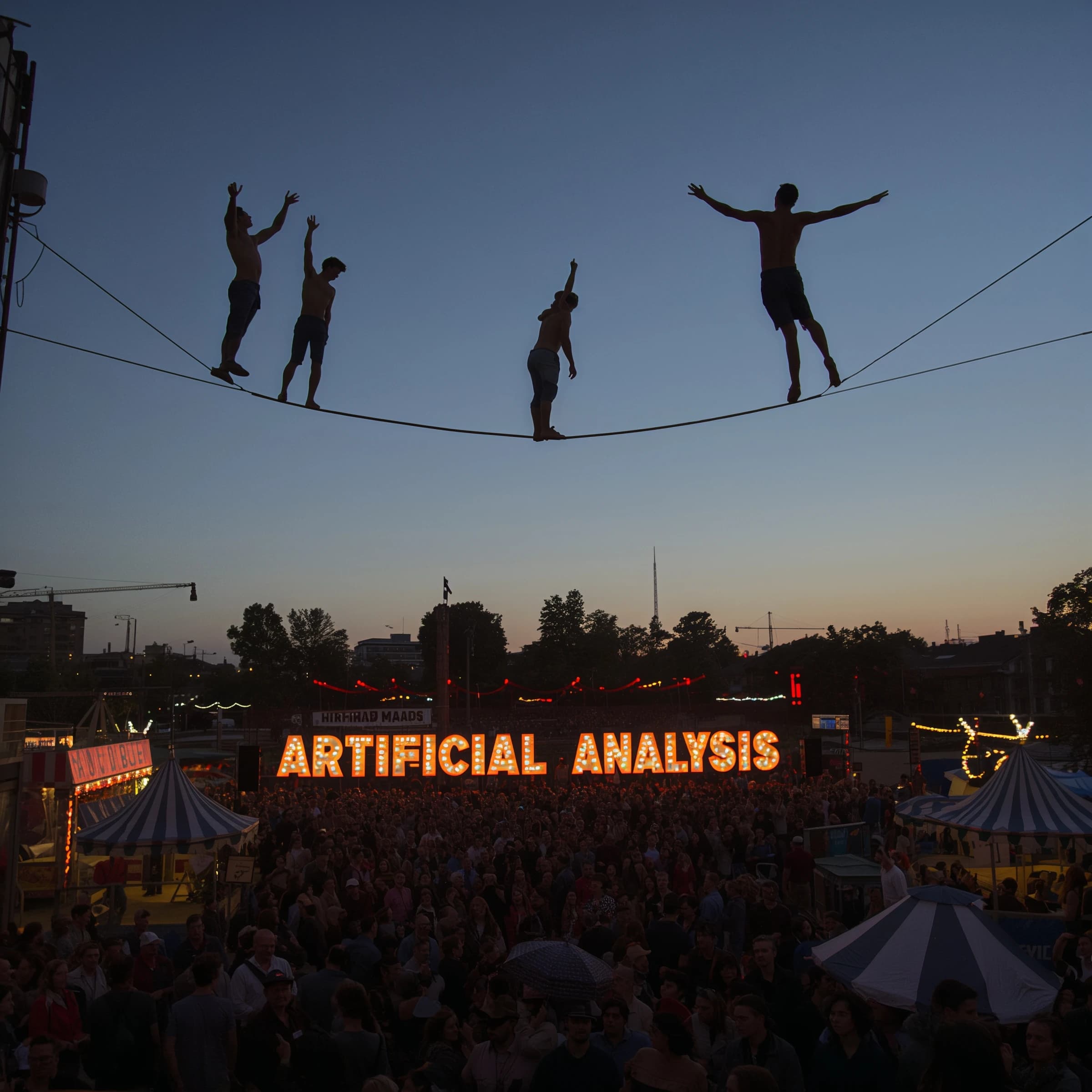 At dusk, high above a carnival crowd, three tightrope walkers balance on a single rope with no aids, one is off balance and grabbing at air. Below, the audience looks upward with baited anticipation. Artificial Analysis is spelled out in the background in carnival lights