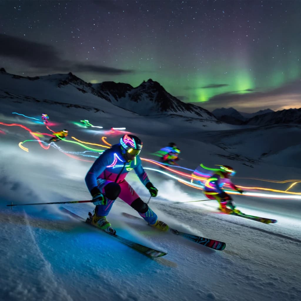 Coronet Peak Night Skiing: Skiers in colorful LED suits carve their way down the slopes of New Zealand's Coronet Peak under the Aurora Borealis, the skiers' light trails visible behind them