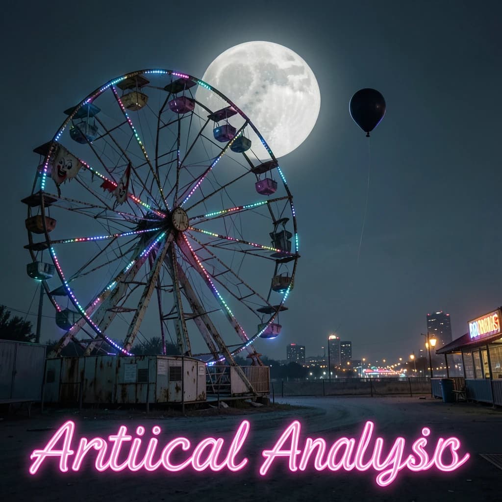 A deserted amusement park glows faintly under a half-moon. The ferris wheel is rusting yet strung with fresh, blinking LED lights. A torn clown banner flaps in a windless air. A lone balloon floats upward, tethered to nothing, while in the far distance city lights flicker on - some neon, some gas lamps as though from another century. 'Artificial Analysis' glows in neon
