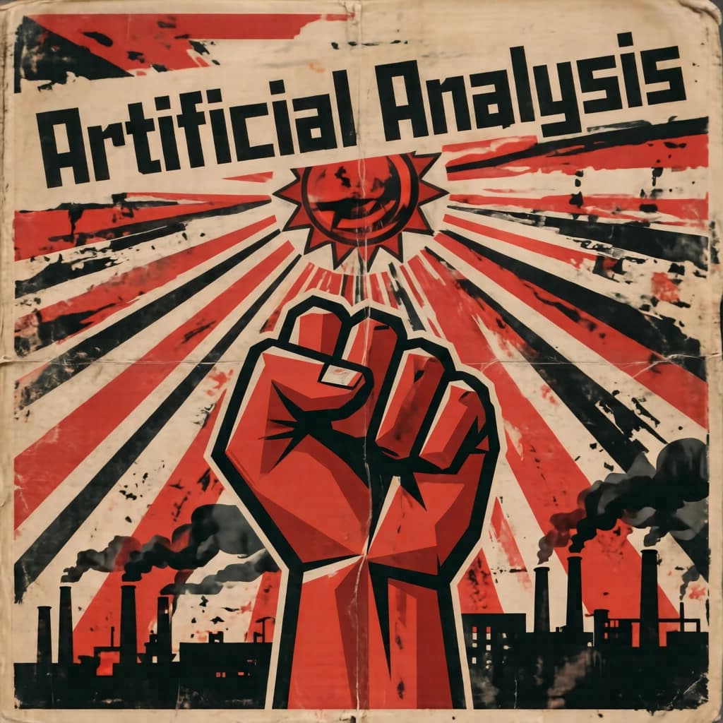 A propaganda poster in stark red, black, and beige. A clenched fist rises in the foreground, rendered with sharp geometric blocks. Behind it, radiating lines stretch upward toward a stylized sun. At the top, bold sans-serif lettering in Cyrillic-inspired type spells out Artificial Analysis, tilted at an angle for emphasis. A factory skyline silhouettes the bottom edge, smoke stacks rising into the background. The texture is rough, printed on aged paper with visible creases and ink bleed. Designed in the constructivist Soviet poster style.
