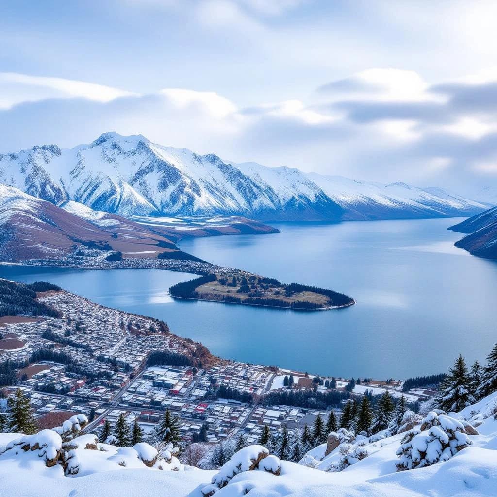 Queenstown's Lake Wakatipu, viewed from the top of Queenstown Hill after a snowstorm just dusted the top of Cecil's Peak