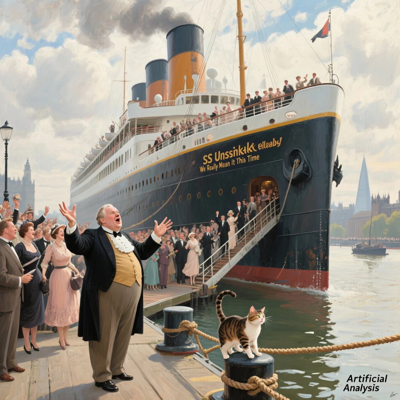 An impressionistic painting of the mighty steamer the "SS Unsinkable We Really Mean It This Time" on a cloudy but bright London morning about to set out on her maiden voyage. A jubilant crowd is gathered on the dock around the paunchy mayor who is making a speech, gesticulating wildly with his hands. The gangways are busy with well heeled ladies and gentlemen making their way onto the ship. A cheeky cat hangs over the water, clinging to the mooring rope after an ill-fated attempt to climb up. The artist has signed his name "Artificial Analysis" in the bottom corner